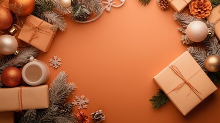 Flat lay Christmas gifts ornaments winter greenery orange background copy space