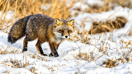 Fototapeta premium An arctic fox halfway through its winter-to-spring coat transition, with half-white, half-brown fur blending into a snowy and earthy landscape, with text space in the open snow area