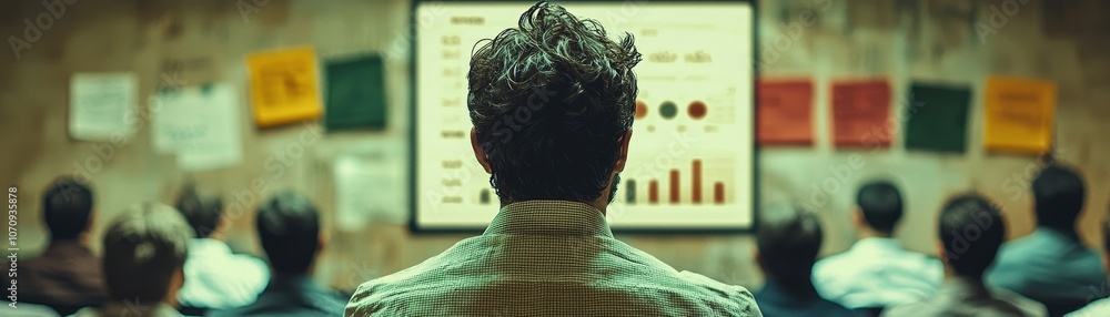 Poster a person observes a presentation displaying charts on a screen, surrounded by an audience engaged in
