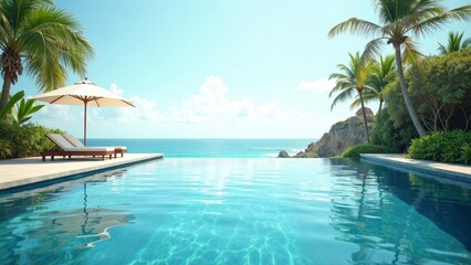 Fototapeta premium Serene Infinity Pool at a Luxury Resort with Beach Chair and Umbrella
