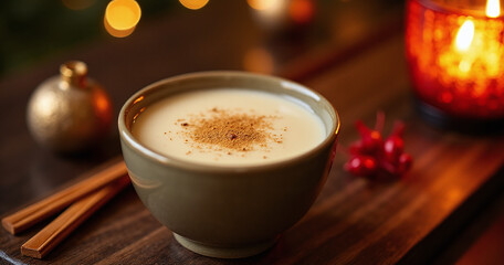 Warm Japanese amazake is served with a touch of nutmeg in festive atmosphere reminiscent of Christmas and New Year celebrations