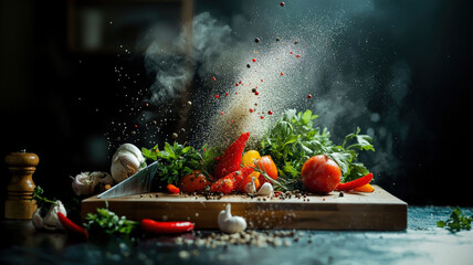 An arrangement of various ingredients like herbs, spices, and vegetables cascading from a chef’s knife or cutting board, emphasizing fresh, natural elements, quality, and craftsmanship in cooking