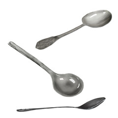 Tea spoons chromed Watercolor digital illustration. Kitchen cutlery isolated on white background. Silver and metal spoons for tea and coffee, Kitchen and food theme, cutlery and restaurant utensils