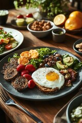 A wooden table set with plates of various foods