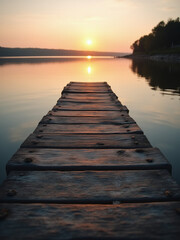 Obraz premium Weathered wooden planks create a textured wooden dock that invites contemplation and peaceful reflection on calm lake waters at sunset