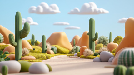 Simple 3D model of a desert landscape with cacti and tumbleweeds