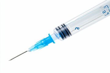 A clear syringe with a blue tip.