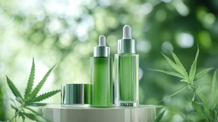 Green glass bottles of cannabis-infused skincare products displayed on white podium, surrounded by hemp leaves in soft focus background.