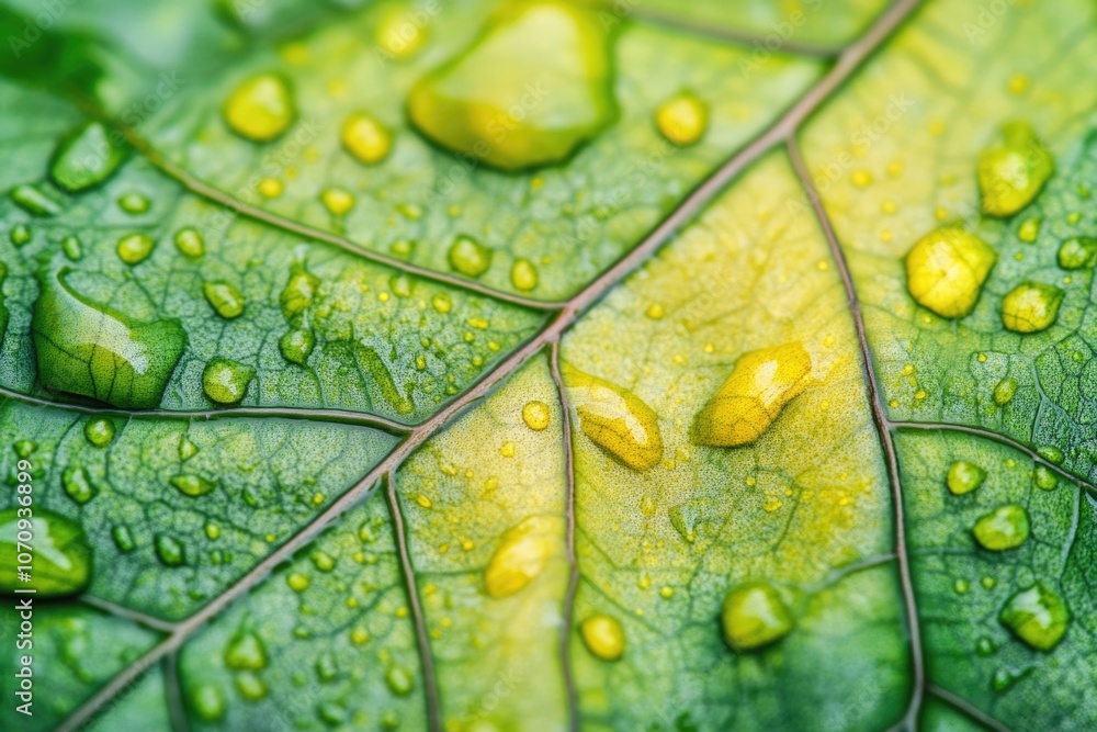 Poster close-up view of a leaf with water droplets, suitable for use in science or nature-based projects