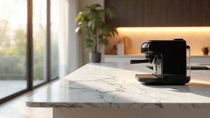 Fototapeta premium Stylish Espresso Machine on Marble Kitchen Island in Sunlit Apartment