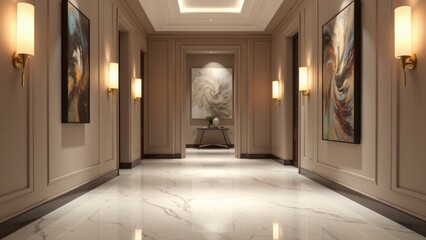 Obraz premium Elegant Hallway with Marble Flooring and Abstract Art