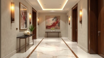Chic Hallway with Artistic Flair and Marble Detail