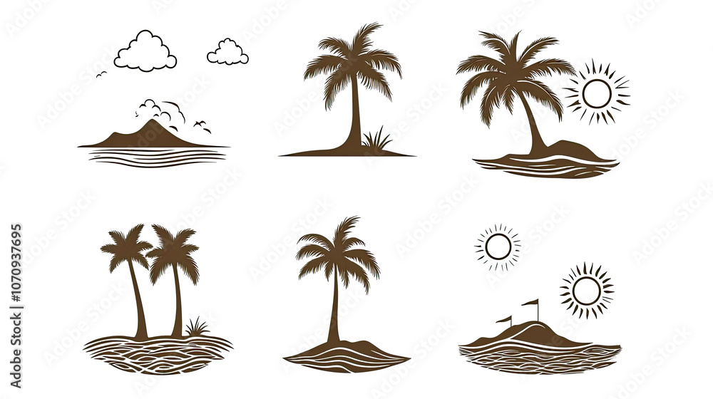 Aufkleber simple designs of palm trees and beach logos with elements generative ai