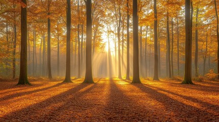 Obraz premium Golden sunlight beams through a misty forest, casting long shadows on the fallen leaves.