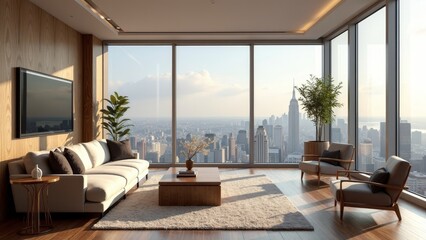 Fototapeta premium Chic Contemporary Penthouse Living Area with Cityscape View