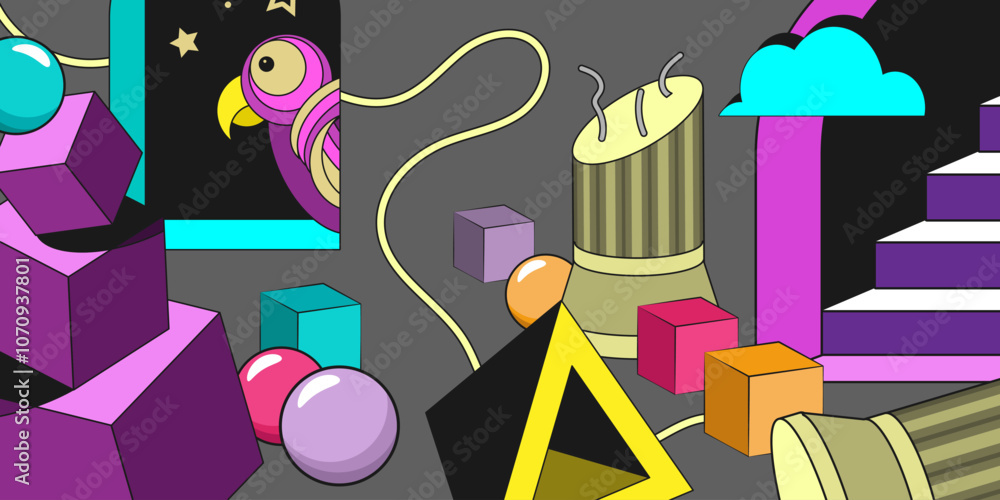 Aufkleber collage with chaotically placed multi-colored psychedelic objects on a gray background. vector illus