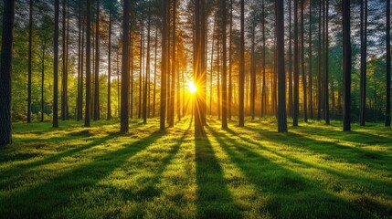 Golden sunlight shines through tall pine trees in a forest at sunset.