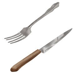 Knife with wooden handle and metal fork. Watercolor digital illustration. Kitchen cutlery isolated on white background. Element of cutlery and restaurant utensils Suitable for kitchen and food theme