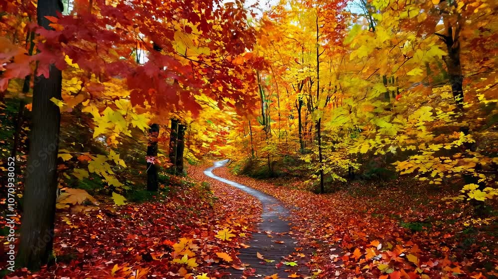 Poster winding path through a colorful autumn forest
