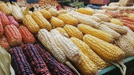 Colorful varieties of corn displayed at a market, showcasing agricultural diversity.