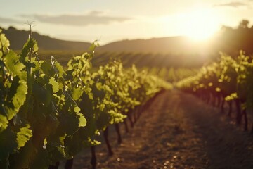 A scenic view of a vineyard at sunset
