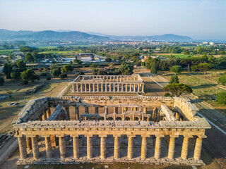 Aerial view of the Archaeological Park of Paestum. "Basilica" (mid-6th century BC), the second, smaller and further away from the other two, is the temple of Athena (510 BC) the temple of Neptune (460