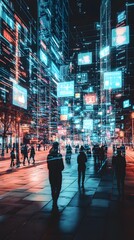 Fototapeta premium A cityscape with digital screens displaying various marketing messages, showcasing the impact of AI on advertising and brand imagery in an urban setting at night.
