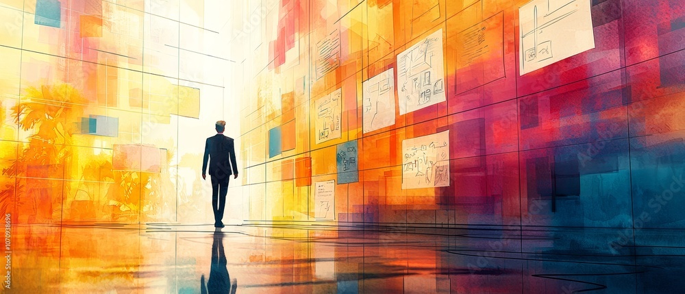 Aufkleber a vibrant artwork featuring a solitary figure walking through an abstract space filled with colorful