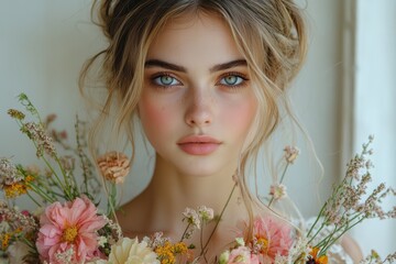 Naklejka premium A young woman in a stunning dress stands before a white wall, gracefully holding a vibrant bouquet of flowers, capturing the essence of elegance and beauty in a bright setting