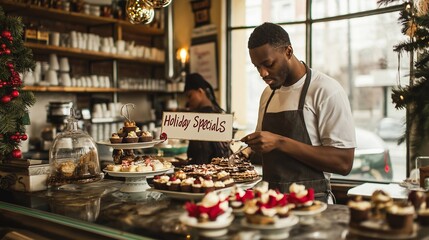 An African-American man cafe owner places a “Holiday Specials” sign on the counter, promoting festive desserts and drinks. The cafeteria is decorated with Christmas and new year holiday decor