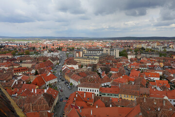 Obraz premium View of Sibiu city, city center of Sibiu in a sunny day. The image are taken from the tower of the Evangelical Cathedral.