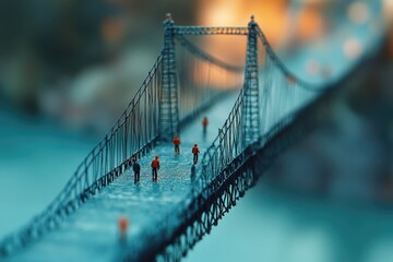 Miniature people crossing a bridge over a serene river landscape