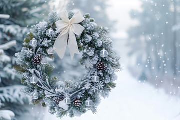 A wreath with a white bow and pine cones is hanging in the snow