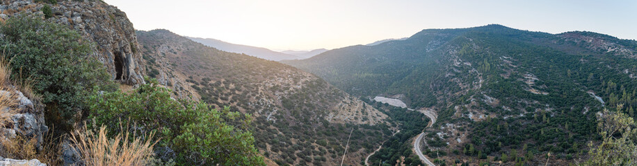 Israeli mountain landscape panoramic view in sunrise