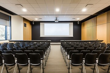 Modern conference room with rows of chairs and a projector screen for presentations.