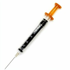 Fototapeta premium Orange syringe with needle on white background.