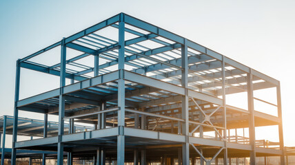 Fototapeta premium A steel frame structure showing modern architecture in progress, glowing under the warm light of sunset.