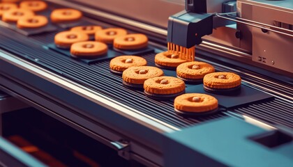 Efficient Biscuit Production In A Modern Bakery: Cookie Manufacturing In A Food Industry Factory Through Conveyor Belt System.