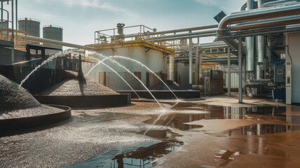 Industrial landscape featuring water fountains in chemical processing tanks under clear blue skies, illustrating modern manufacturing and environmental management.