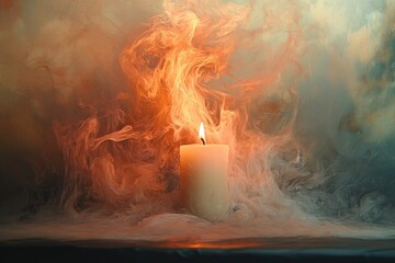 A Single Candle Burning Amidst Abstract Smoke and Color