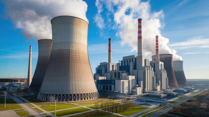 Obraz premium Aerial view of large industrial power plant with cooling towers, emitting steam, showcasing modern energy production against a clear blue sky.
