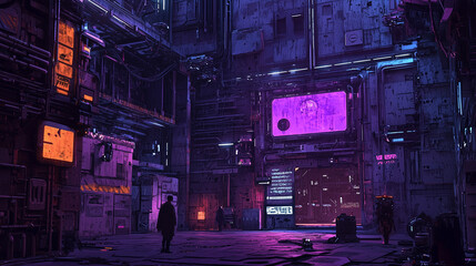 Futuristic cyberpunk interior with neon lights, showcasing a gritty urban atmosphere
