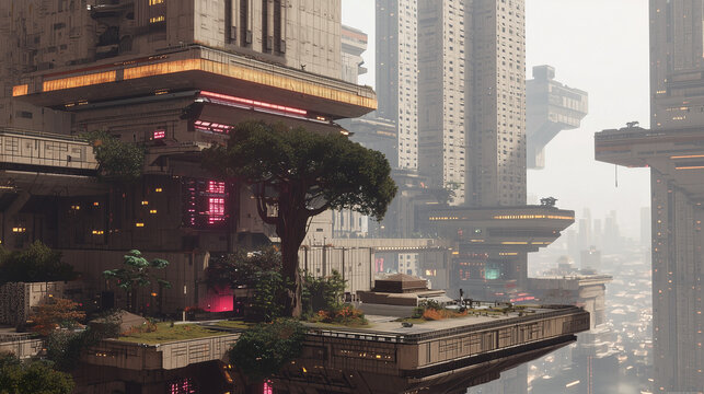 A sci-fi cityscape with futuristic architecture, towering structures, and green rooftop gardens - Powered by Adobe