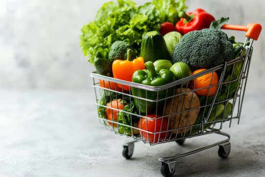 A vibrant shopping cart brimming with fresh vegetables for World Vegan Day, showcasing healthy choices and plant-based lifestyle on a light background