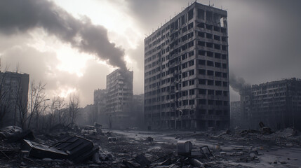 A bleak, desolate urban landscape with abandoned, damaged buildings and thick smoke rising into the gray sky