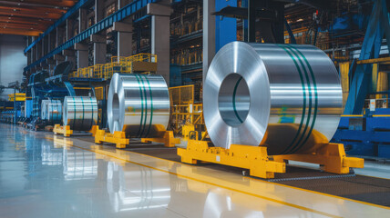 Close-up of large steel coils in a modern manufacturing facility, showcasing industrial efficiency and precision in metal production.