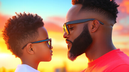 A father and son look at each other with love and tenderness, framed against a warm sunset.
