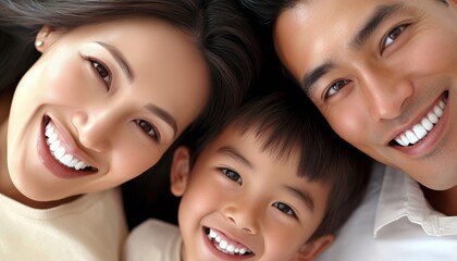 Asian Family Smiling Together On Sheet Mat With Beautiful White Teeth, Mother In Middle Between Father And Kid, Promoting Dental Care.