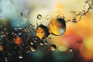 A Close-Up of Water Droplets Reflecting a Colorful Blurred Background