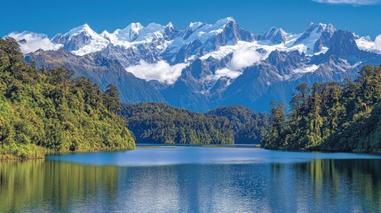 Scenic view of a lake with snow-capped mountains in the background.